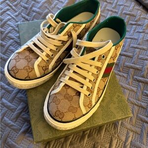 Gucci Tan and Green Monogram Sneakers